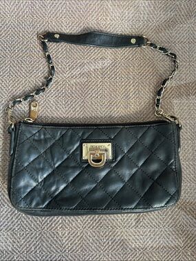 DKNY Y2K vintage Black Quilted Leather small Shoulder Bag with Gold Hardware.